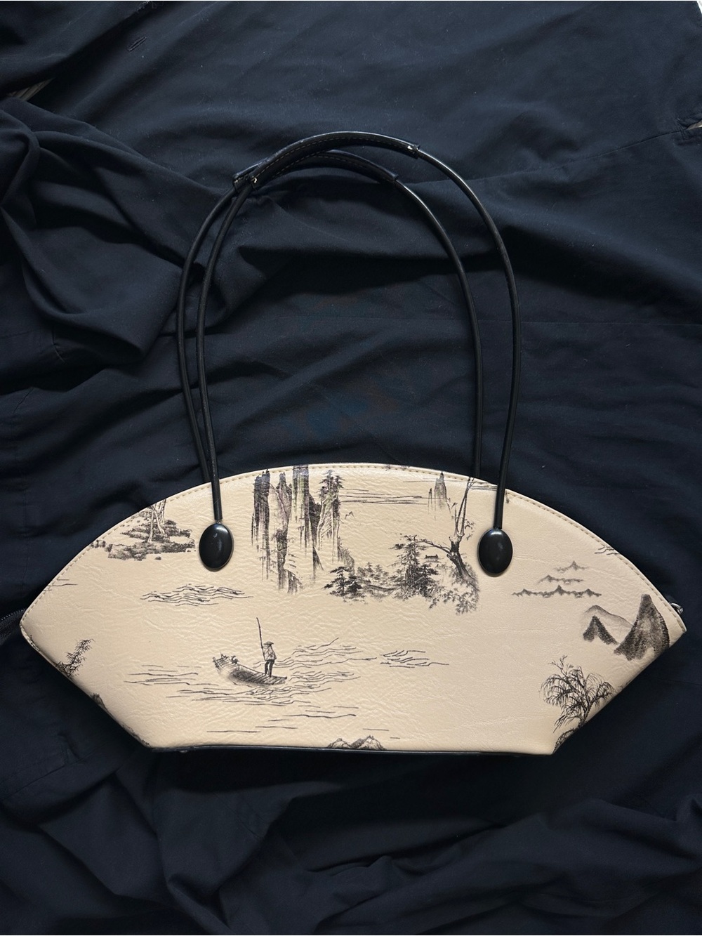 Lonely Fishermen Boat shape Cream Scenic Print Shoulder Bag with Black Handles